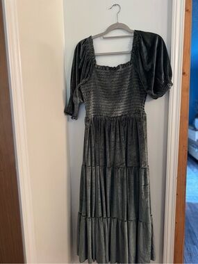 Baltic Born Olive Velvet Midi Dress with Smocked Bodice